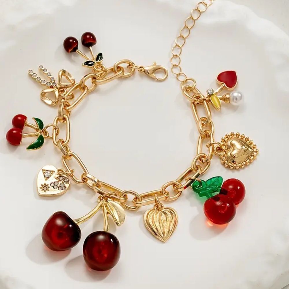 Gold Cherry Alloy  Charm Bracelet and earrings - Picture 4 of 13
